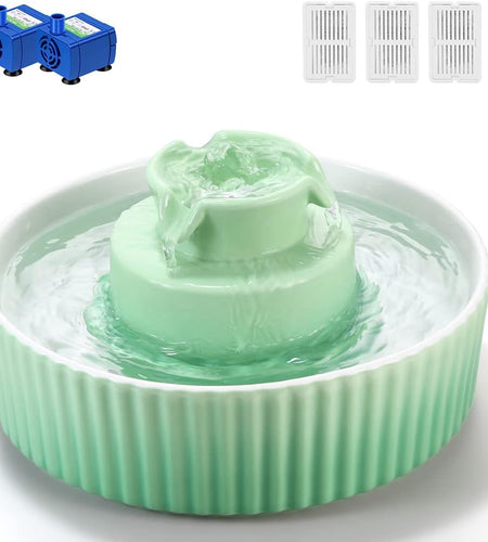 Ceramic Cat Water Fountain, 2.1L/71Oz Cupcake Cat Fountain for Dog and Cat Indoor, 2 Ultra Quiet Pumps (Green)